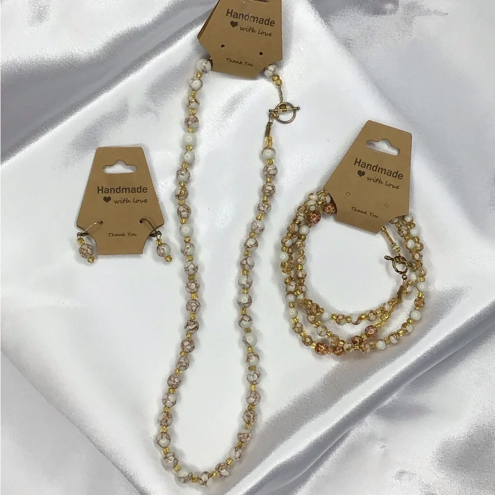 Handmade White and Gold Beaded Necklace, Earring, & Bracelet Set